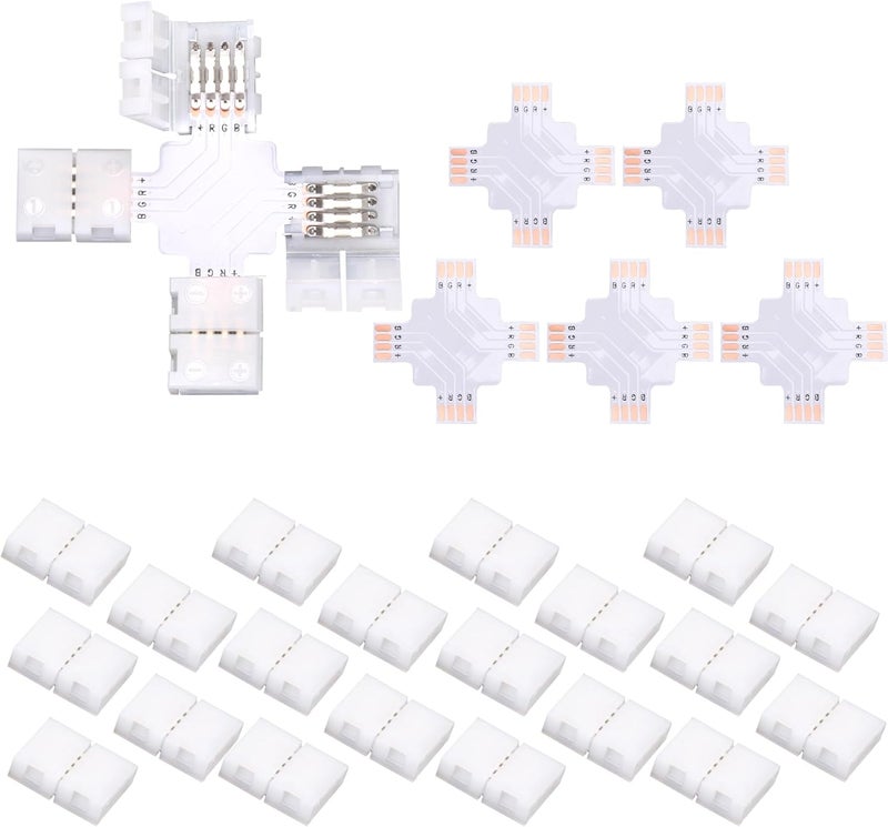 Ledagic X Shape LED Strip Connectors 5-Pcs with 20Pcs Clips, Unwired Solderless LED Light Connectors for 8mm Wide 4-Pin Strip Lights - Image 1
